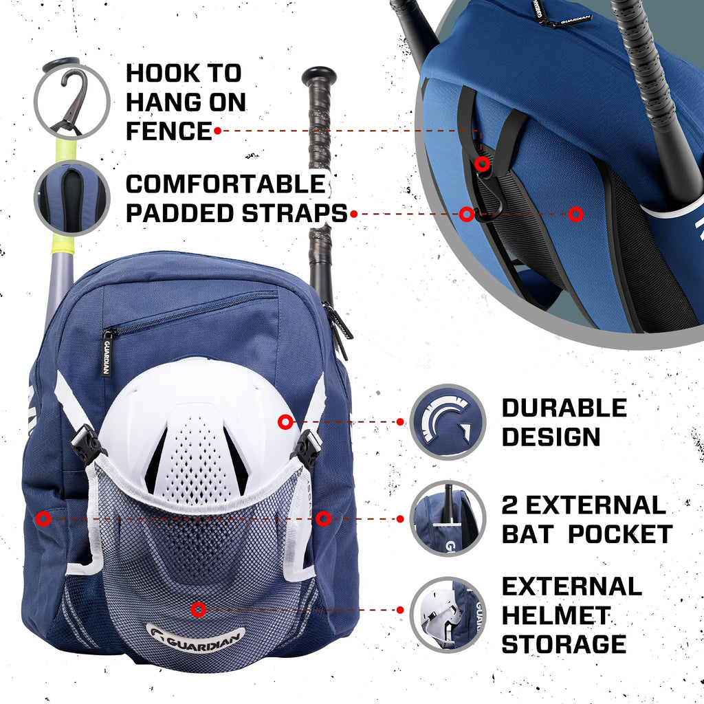 Backpack for Youth, Softball Bag for Girls, Durable Bat Bags Baseball Youth Boys and Girls, Tball Bag – Includes Hook to Hang on Fence - Navy/White