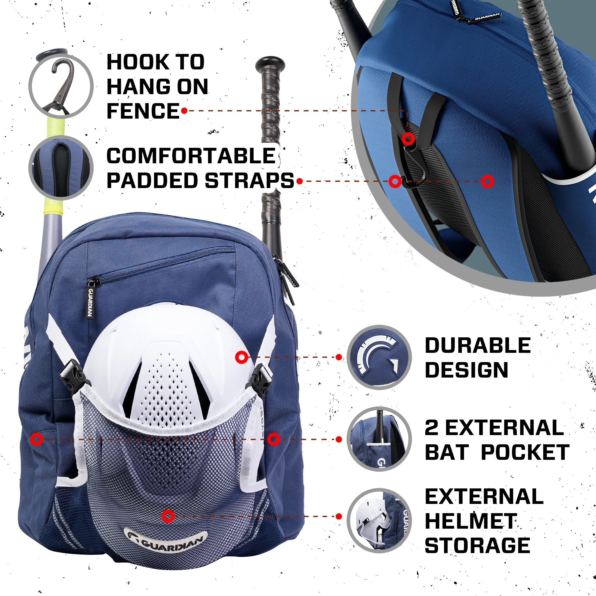 Backpack for Youth, Softball Bag for Girls, Durable Bat Bags Baseball Youth Boys and Girls, Tball Bag – Includes Hook to Hang on Fence - Navy/White