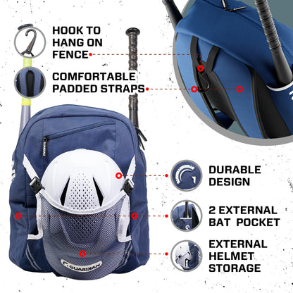 Backpack for Youth, Softball Bag for Girls, Durable Bat Bags Baseball Youth Boys and Girls, Tball Bag – Includes Hook to Hang on Fence - Navy/White