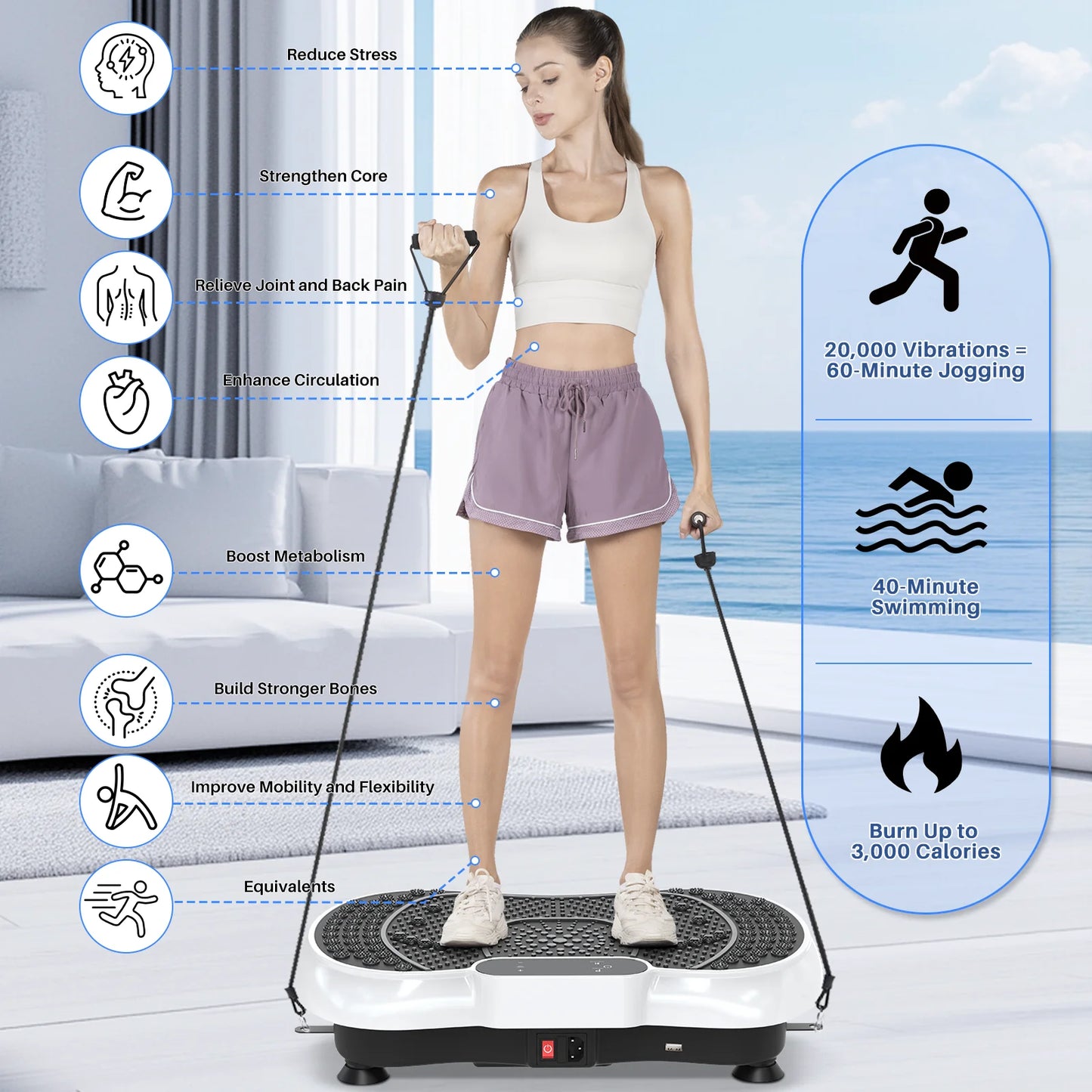 Vibration Plate Exercise Machine Whole Body Workout Vibration Fitness Platform with Accessories, White